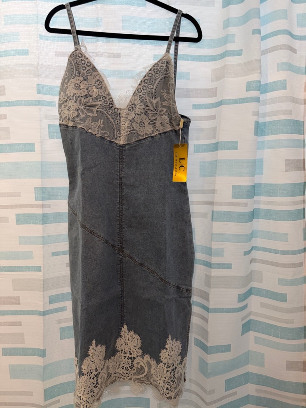 Denim-Effect Midi Slip Dress with Lace Trim - Gray